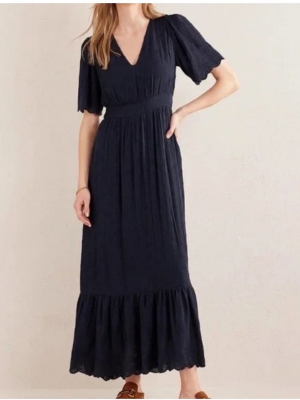 Boden Broderie Black V-Neck Smocked Waist Maxi Dress